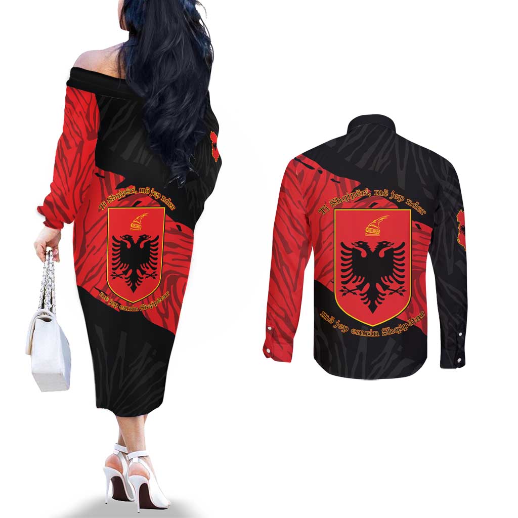 Albania Independence Day Couples Matching Off The Shoulder Long Sleeve Dress and Long Sleeve Button Shirt Albanian Eagle - Grunge Style