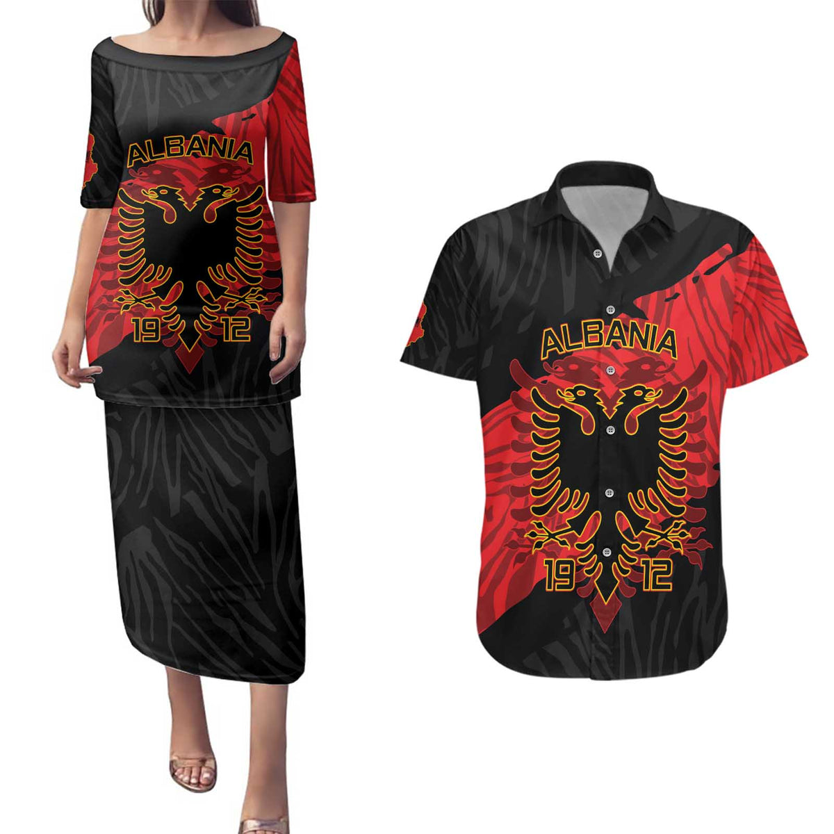 Albania Independence Day Couples Matching Puletasi and Hawaiian Shirt Albanian Eagle - Grunge Style - Wonder Print Shop