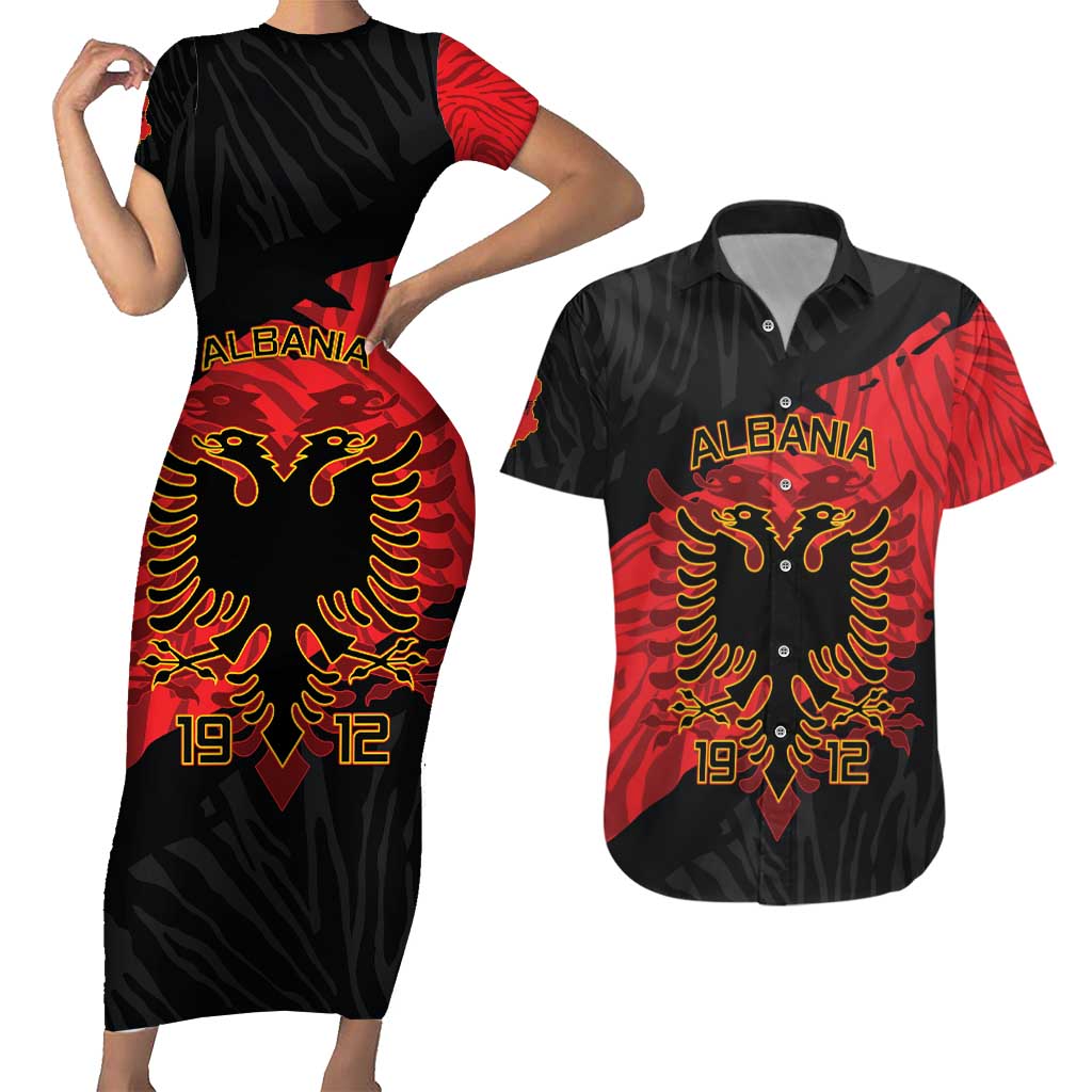 Albania Independence Day Couples Matching Short Sleeve Bodycon Dress and Hawaiian Shirt Albanian Eagle - Grunge Style - Wonder Print Shop