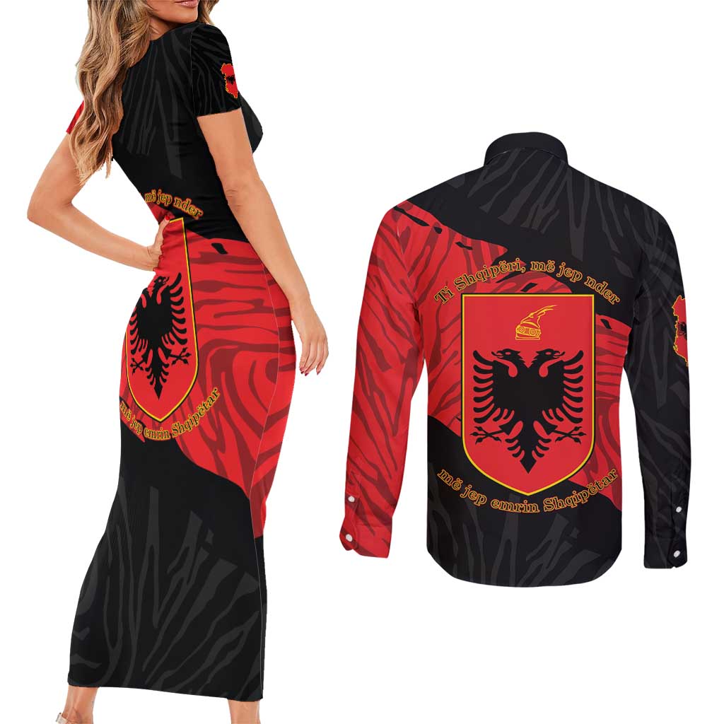 Albania Independence Day Couples Matching Short Sleeve Bodycon Dress and Long Sleeve Button Shirt Albanian Eagle - Grunge Style - Wonder Print Shop
