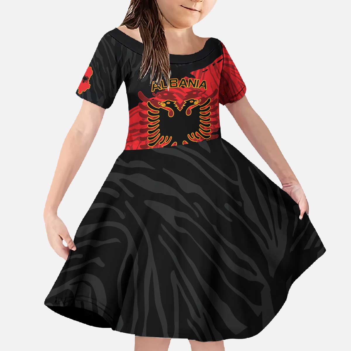 Albania Independence Day Family Matching Off The Shoulder Long Sleeve Dress and Hawaiian Shirt Albanian Eagle - Grunge Style - Wonder Print Shop