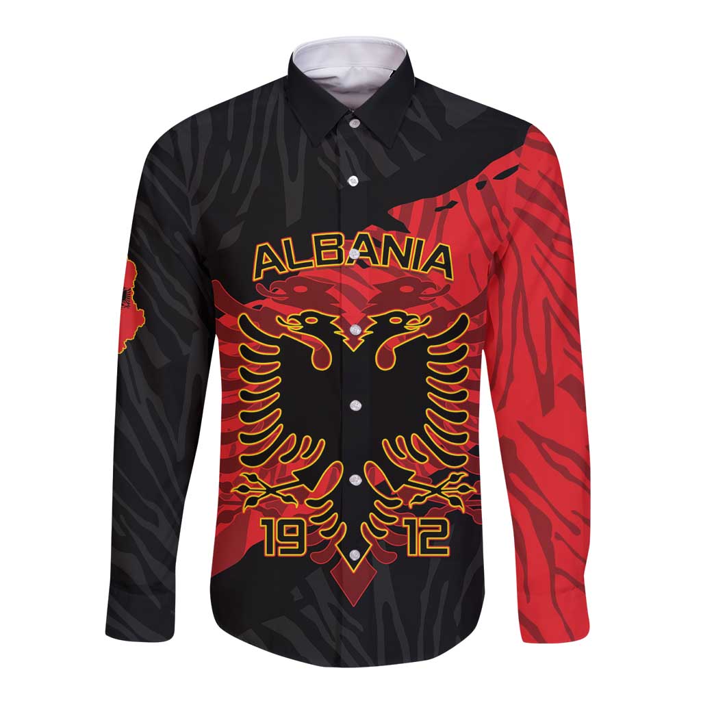 Albania Independence Day Long Sleeve Button Shirt Albanian Eagle - Grunge Style - Wonder Print Shop