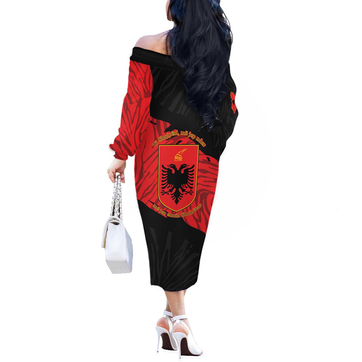 Albania Independence Day Off The Shoulder Long Sleeve Dress Albanian Eagle - Grunge Style - Wonder Print Shop