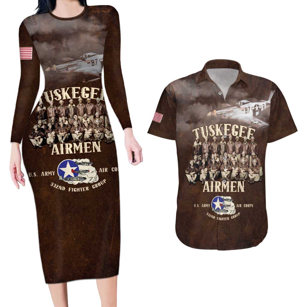Remembering Tuskegee Airmen Couples Matching Long Sleeve Bodycon Dress and Hawaiian Shirt Heroes of the 332nd Squadron Retro Style - Wonder Print Shop