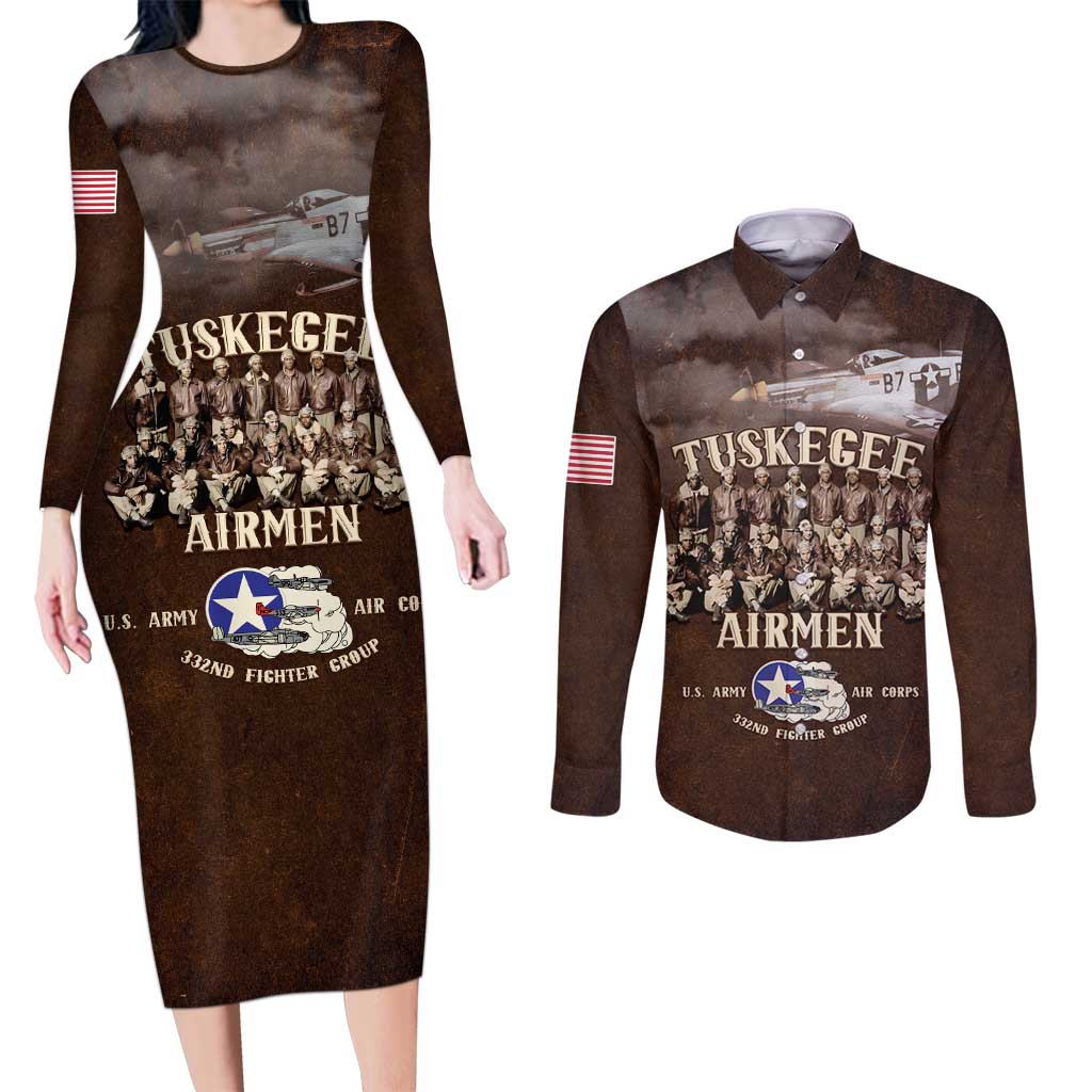 Remembering Tuskegee Airmen Couples Matching Long Sleeve Bodycon Dress and Long Sleeve Button Shirt Heroes of the 332nd Squadron Retro Style - Wonder Print Shop