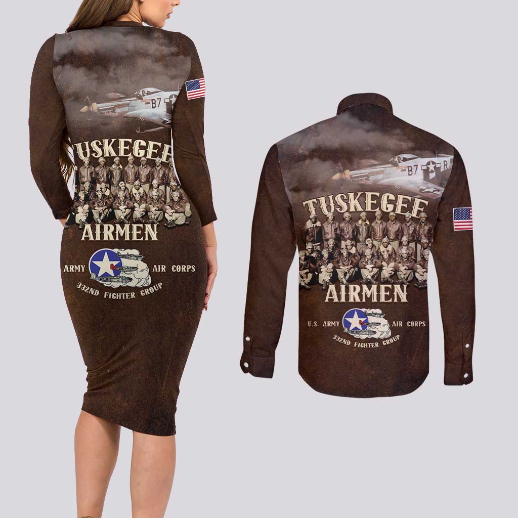 Remembering Tuskegee Airmen Couples Matching Long Sleeve Bodycon Dress and Long Sleeve Button Shirt Heroes of the 332nd Squadron Retro Style - Wonder Print Shop
