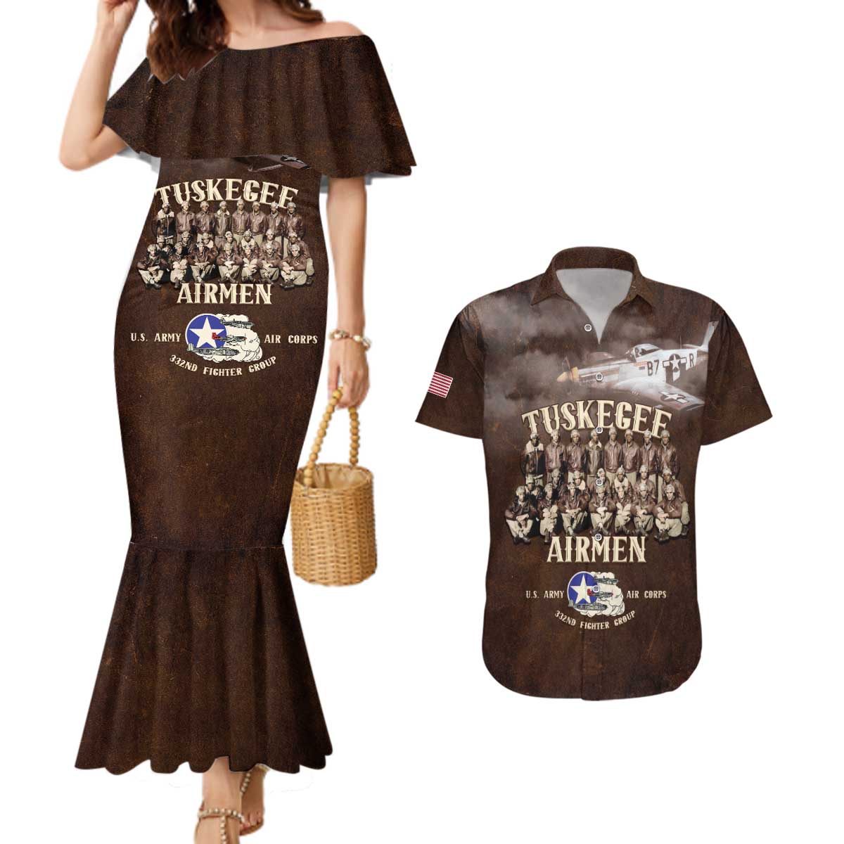 Remembering Tuskegee Airmen Couples Matching Mermaid Dress and Hawaiian Shirt Heroes of the 332nd Squadron Retro Style - Wonder Print Shop