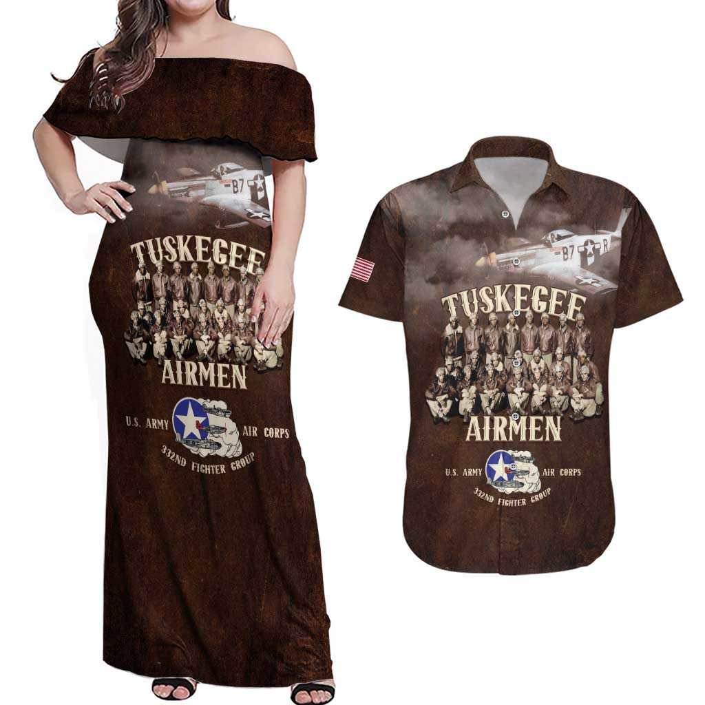 Remembering Tuskegee Airmen Couples Matching Off Shoulder Maxi Dress and Hawaiian Shirt Heroes of the 332nd Squadron Retro Style - Wonder Print Shop