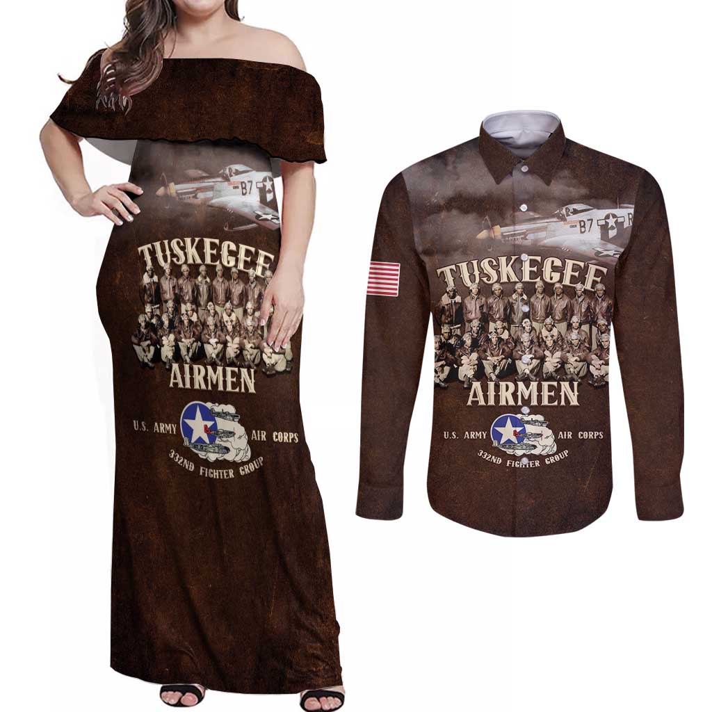 Remembering Tuskegee Airmen Couples Matching Off Shoulder Maxi Dress and Long Sleeve Button Shirt Heroes of the 332nd Squadron Retro Style - Wonder Print Shop