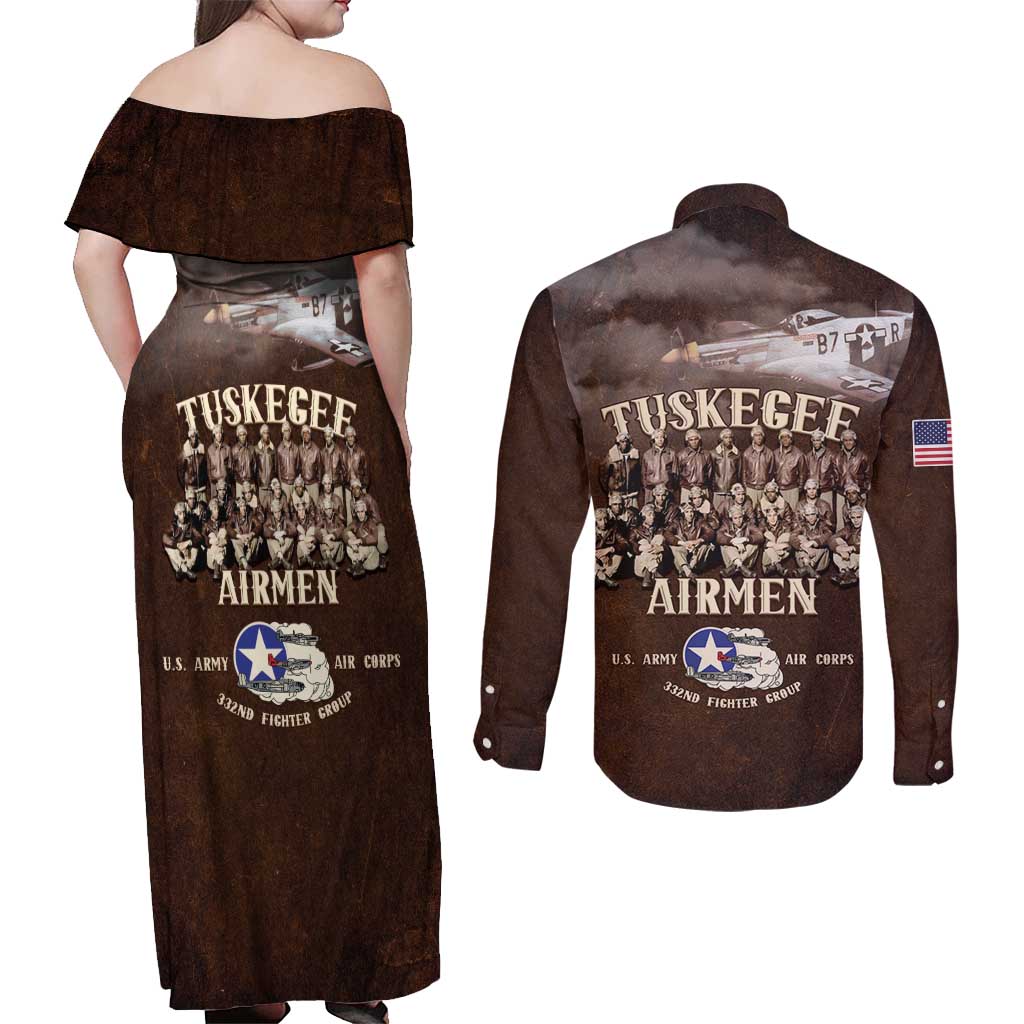 Remembering Tuskegee Airmen Couples Matching Off Shoulder Maxi Dress and Long Sleeve Button Shirt Heroes of the 332nd Squadron Retro Style - Wonder Print Shop