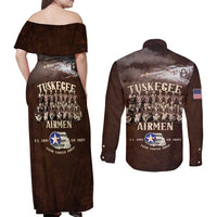 Remembering Tuskegee Airmen Couples Matching Off Shoulder Maxi Dress and Long Sleeve Button Shirt Heroes of the 332nd Squadron Retro Style - Wonder Print Shop