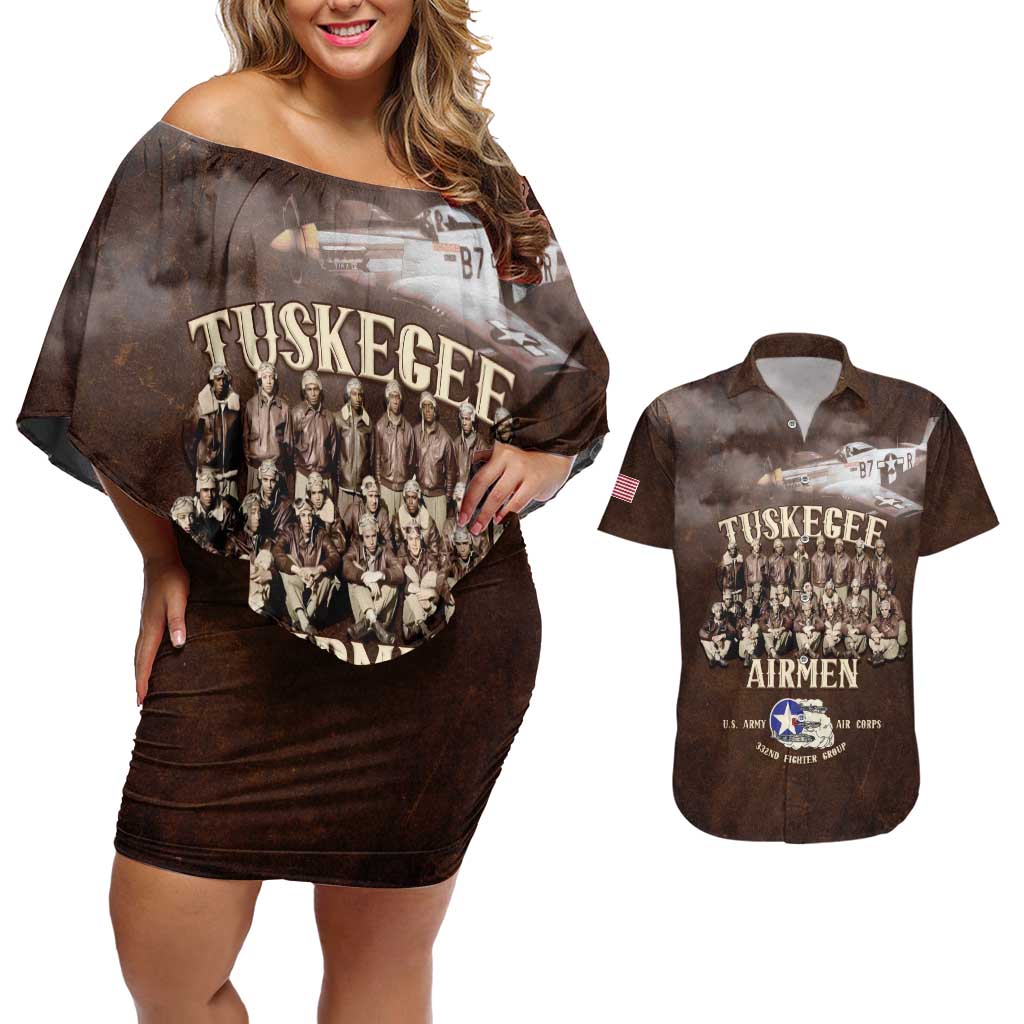 Remembering Tuskegee Airmen Couples Matching Off Shoulder Short Dress and Hawaiian Shirt Heroes of the 332nd Squadron Retro Style - Wonder Print Shop