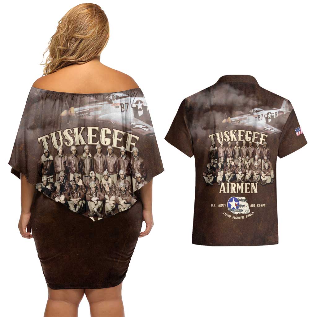 Remembering Tuskegee Airmen Couples Matching Off Shoulder Short Dress and Hawaiian Shirt Heroes of the 332nd Squadron Retro Style - Wonder Print Shop