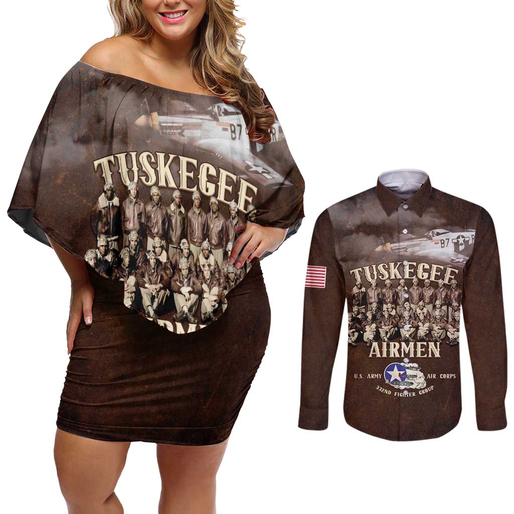 Remembering Tuskegee Airmen Couples Matching Off Shoulder Short Dress and Long Sleeve Button Shirt Heroes of the 332nd Squadron Retro Style - Wonder Print Shop