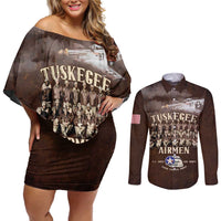 Remembering Tuskegee Airmen Couples Matching Off Shoulder Short Dress and Long Sleeve Button Shirt Heroes of the 332nd Squadron Retro Style - Wonder Print Shop