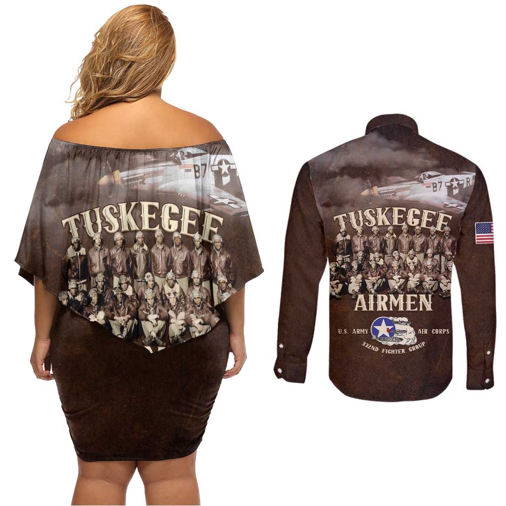 Remembering Tuskegee Airmen Couples Matching Off Shoulder Short Dress and Long Sleeve Button Shirt Heroes of the 332nd Squadron Retro Style - Wonder Print Shop