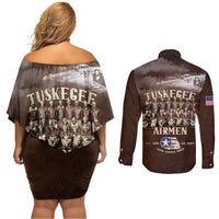 Remembering Tuskegee Airmen Couples Matching Off Shoulder Short Dress and Long Sleeve Button Shirt Heroes of the 332nd Squadron Retro Style - Wonder Print Shop
