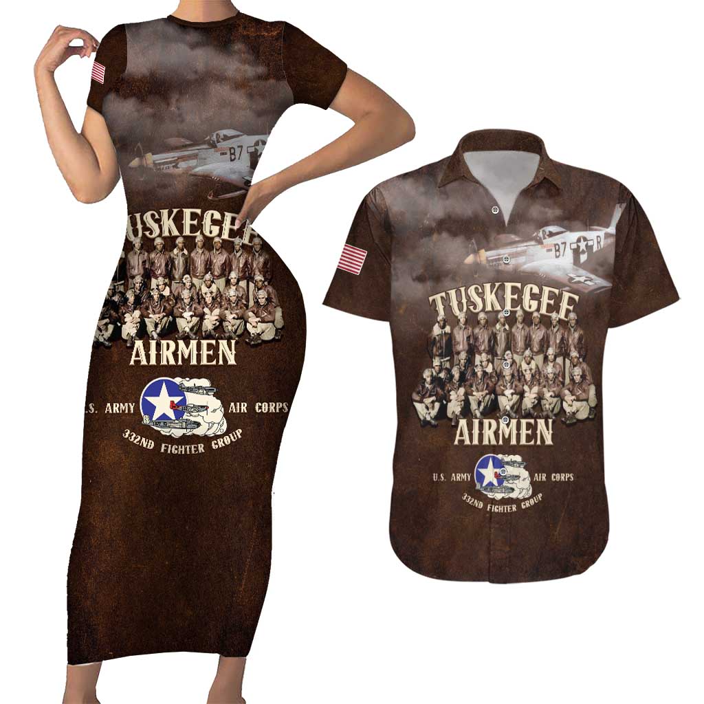 Remembering Tuskegee Airmen Couples Matching Short Sleeve Bodycon Dress and Hawaiian Shirt Heroes of the 332nd Squadron Retro Style - Wonder Print Shop