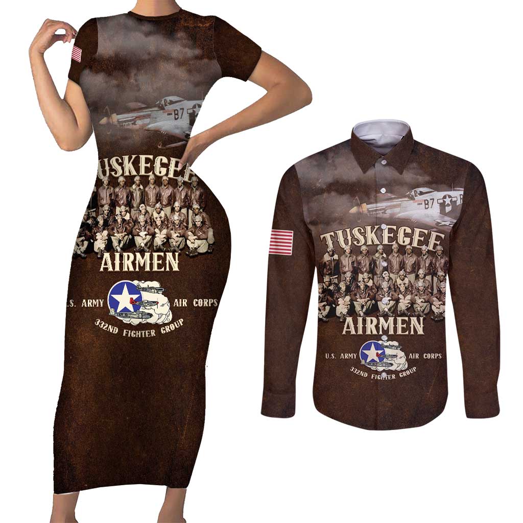 Remembering Tuskegee Airmen Couples Matching Short Sleeve Bodycon Dress and Long Sleeve Button Shirt Heroes of the 332nd Squadron Retro Style - Wonder Print Shop