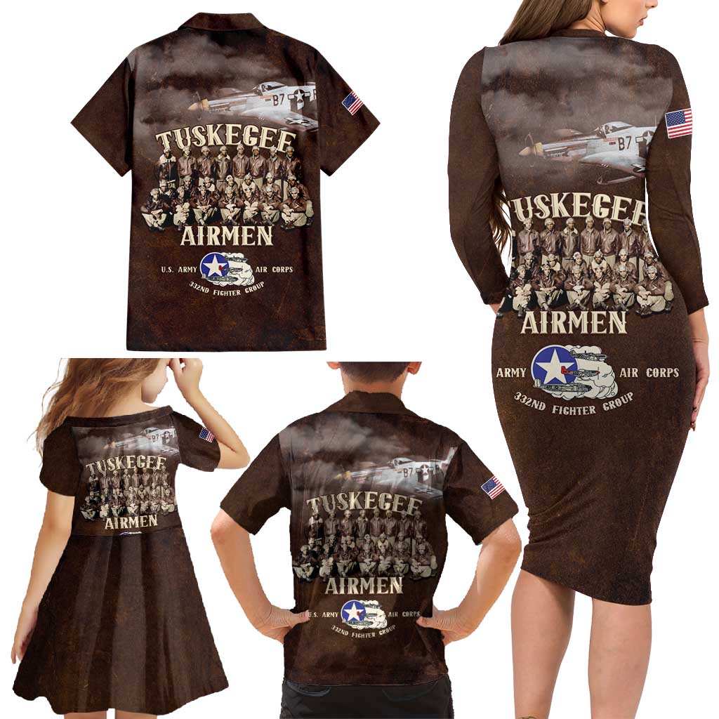 Remembering Tuskegee Airmen Family Matching Long Sleeve Bodycon Dress and Hawaiian Shirt Heroes of the 332nd Squadron Retro Style - Wonder Print Shop