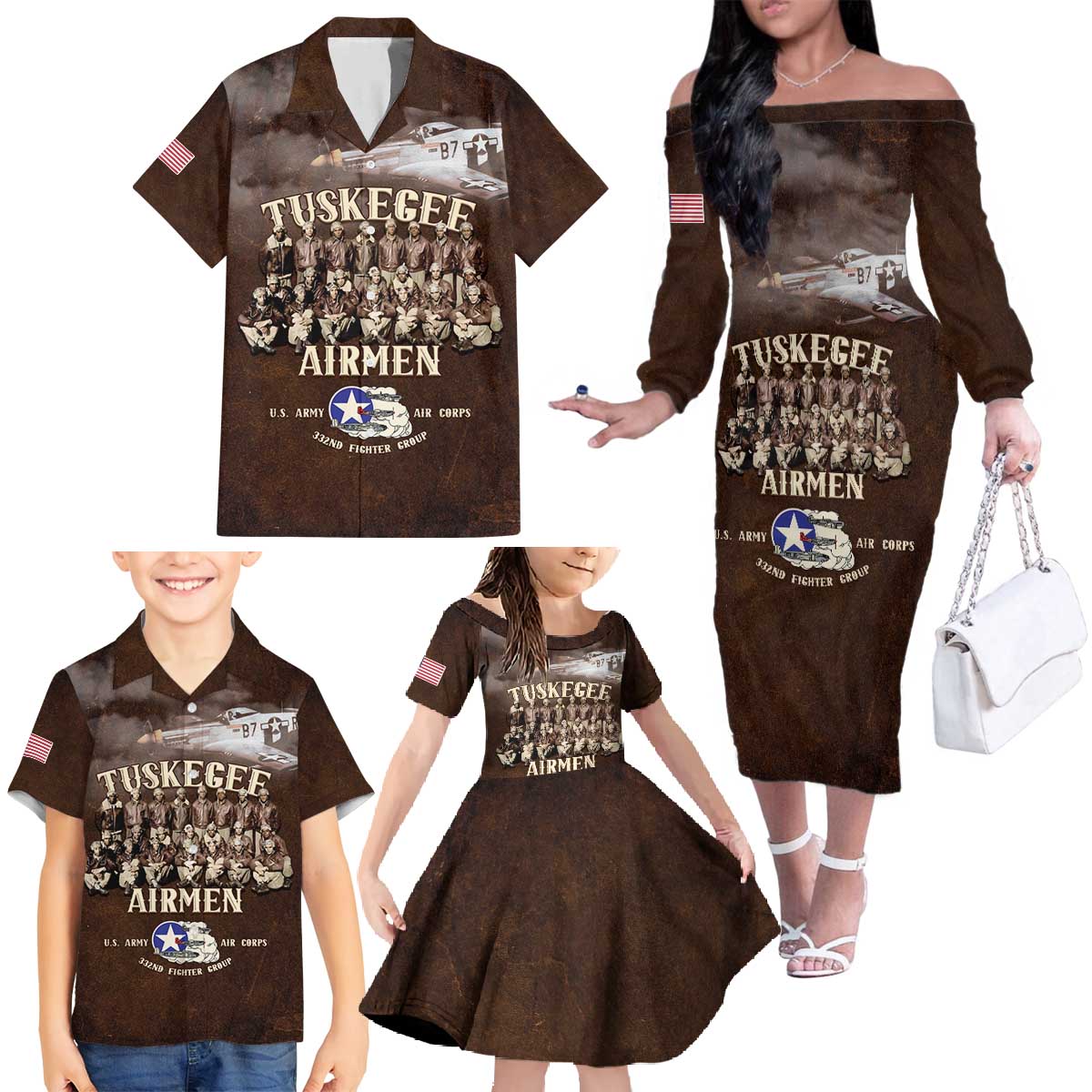 Remembering Tuskegee Airmen Family Matching Off The Shoulder Long Sleeve Dress and Hawaiian Shirt Heroes of the 332nd Squadron Retro Style - Wonder Print Shop
