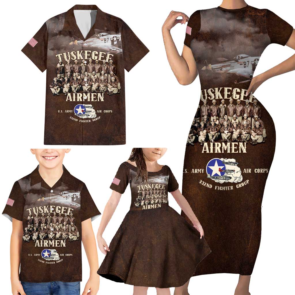 Remembering Tuskegee Airmen Family Matching Short Sleeve Bodycon Dress and Hawaiian Shirt Heroes of the 332nd Squadron Retro Style - Wonder Print Shop