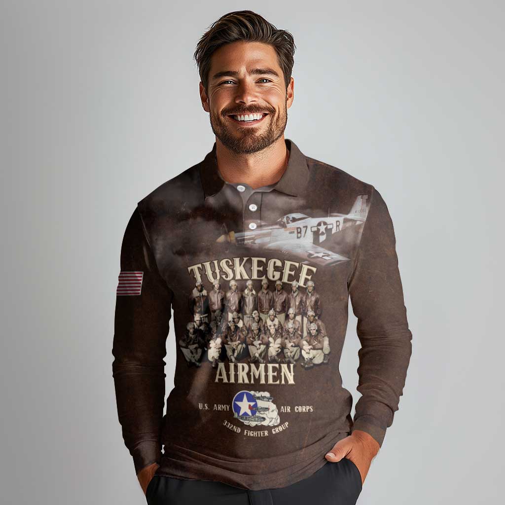 Remembering Tuskegee Airmen Long Sleeve Polo Shirt Heroes of the 332nd Squadron Retro Style - Wonder Print Shop