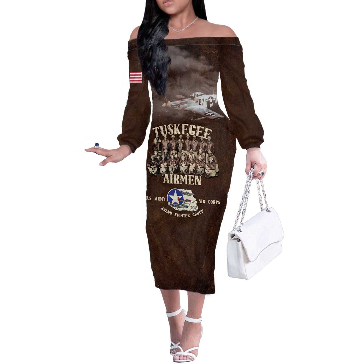 Remembering Tuskegee Airmen Off The Shoulder Long Sleeve Dress Heroes of the 332nd Squadron Retro Style - Wonder Print Shop