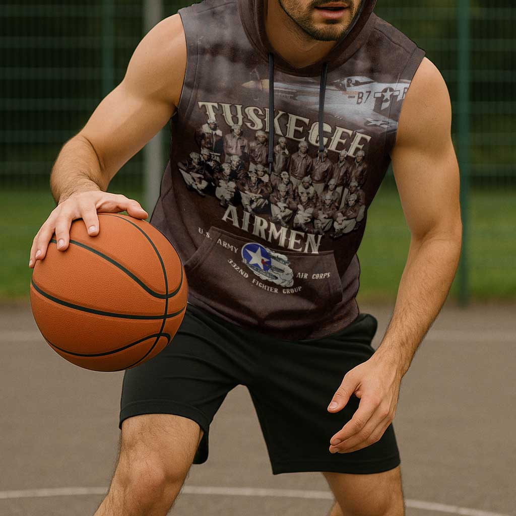 Remembering Tuskegee Airmen Sleeveless Hoodie Heroes of the 332nd Squadron Retro Style - Wonder Print Shop