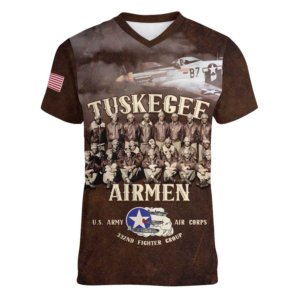 Remembering Tuskegee Airmen Women V-Neck T-Shirt Heroes of the 332nd Squadron Retro Style - Wonder Print Shop