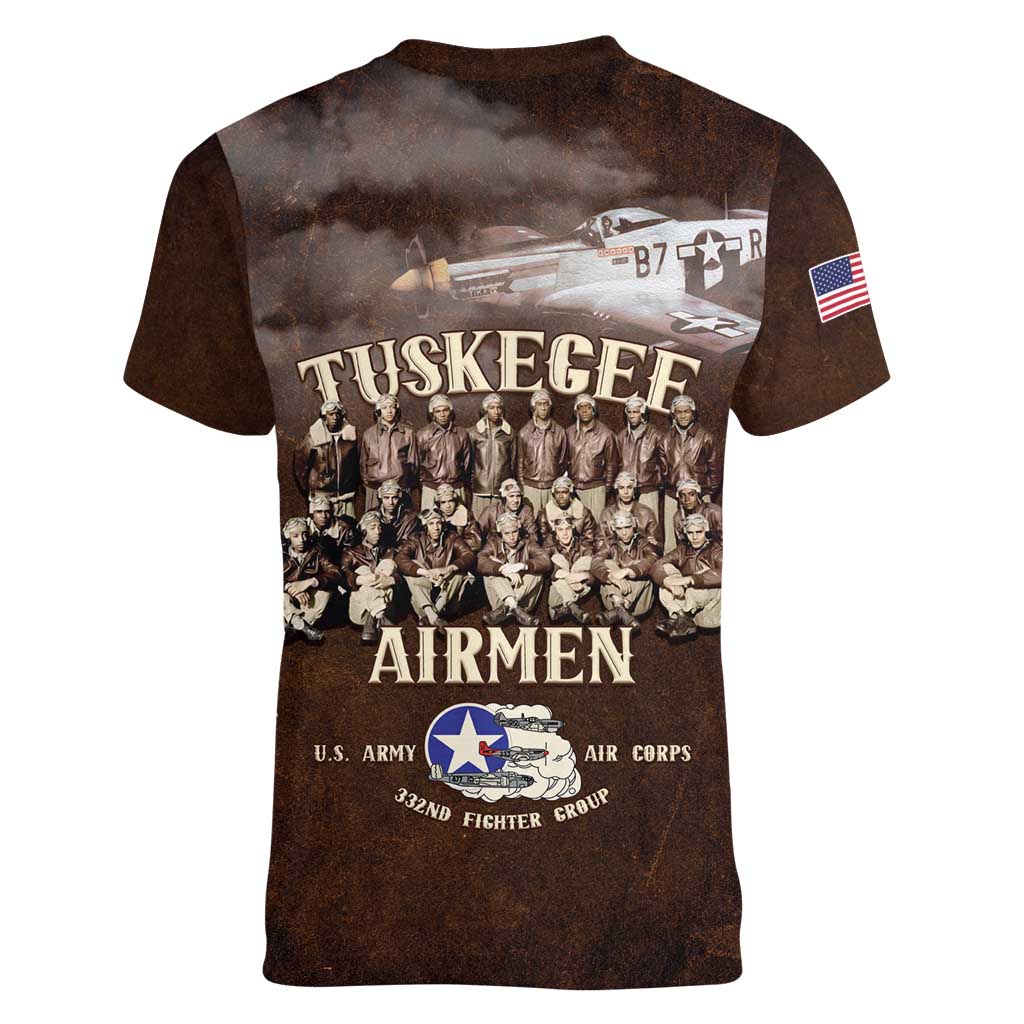 Remembering Tuskegee Airmen Women V-Neck T-Shirt Heroes of the 332nd Squadron Retro Style - Wonder Print Shop