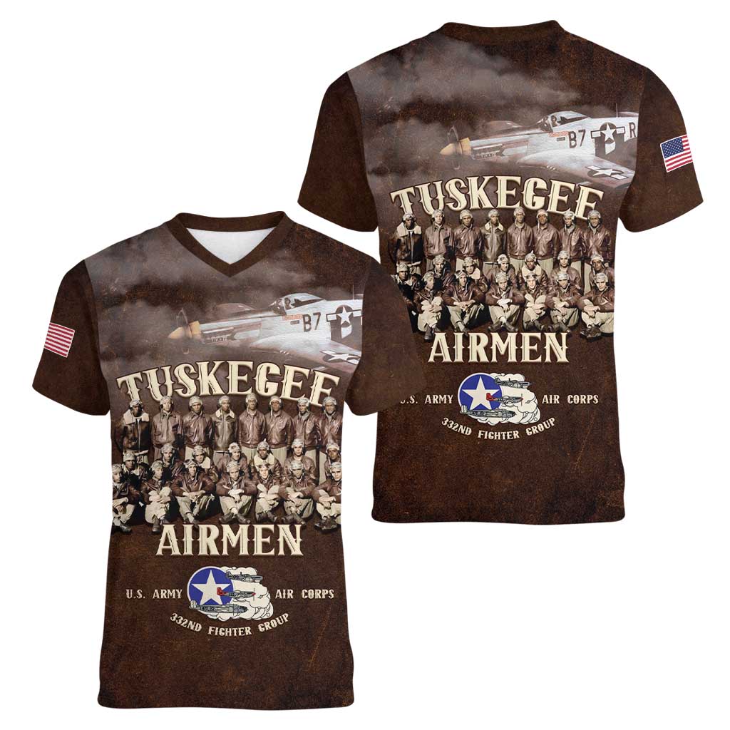 Remembering Tuskegee Airmen Women V-Neck T-Shirt Heroes of the 332nd Squadron Retro Style - Wonder Print Shop
