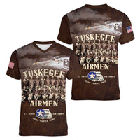 Remembering Tuskegee Airmen Women V-Neck T-Shirt Heroes of the 332nd Squadron Retro Style - Wonder Print Shop