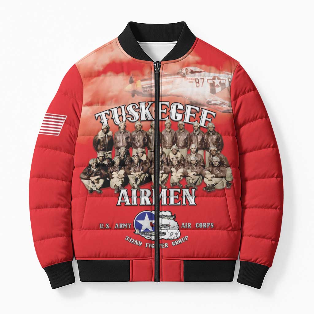 Remembering Tuskegee Airmen Bomber Puffer Jacket Heroes of the 332nd Squadron Red Art - Wonder Print Shop