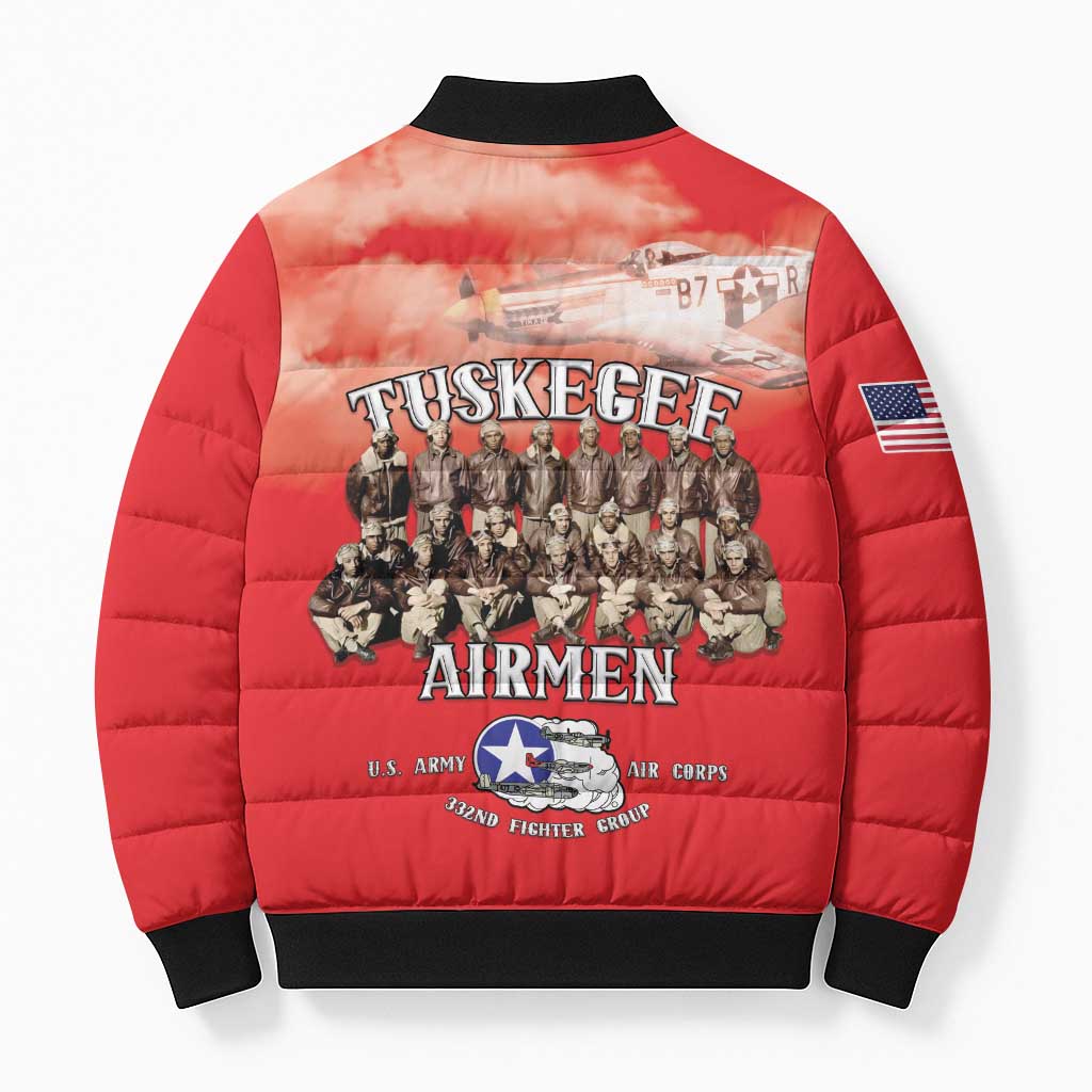 Remembering Tuskegee Airmen Bomber Puffer Jacket Heroes of the 332nd Squadron Red Art - Wonder Print Shop