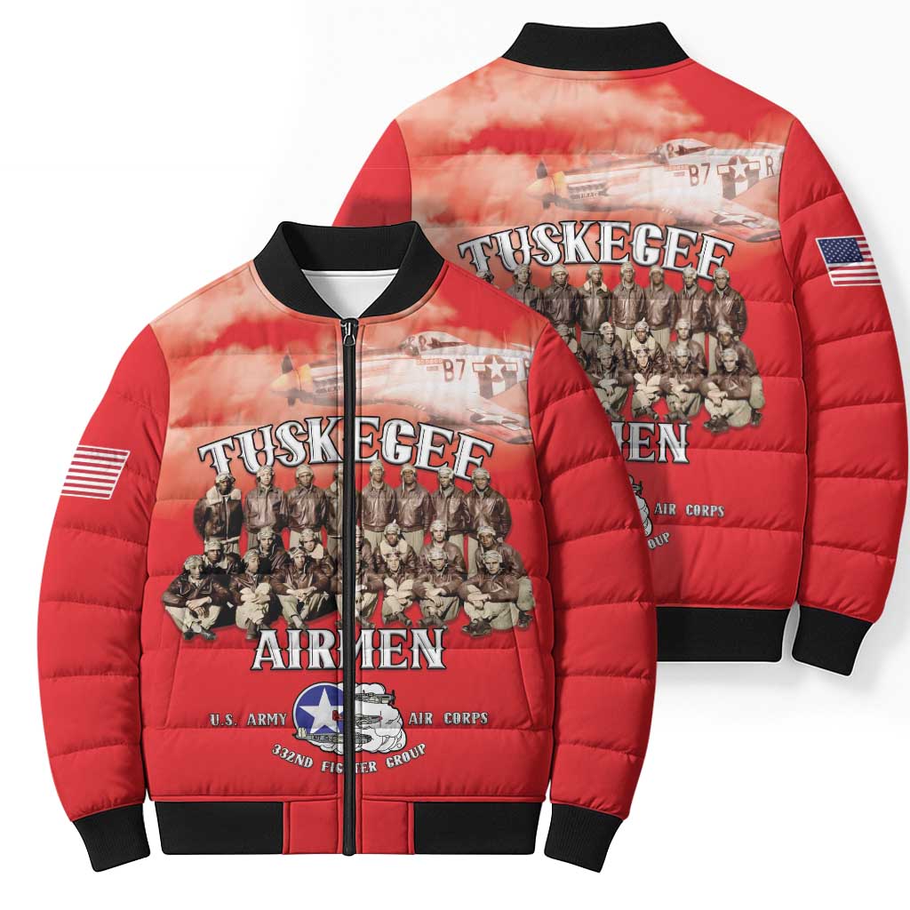 Remembering Tuskegee Airmen Bomber Puffer Jacket Heroes of the 332nd Squadron Red Art - Wonder Print Shop