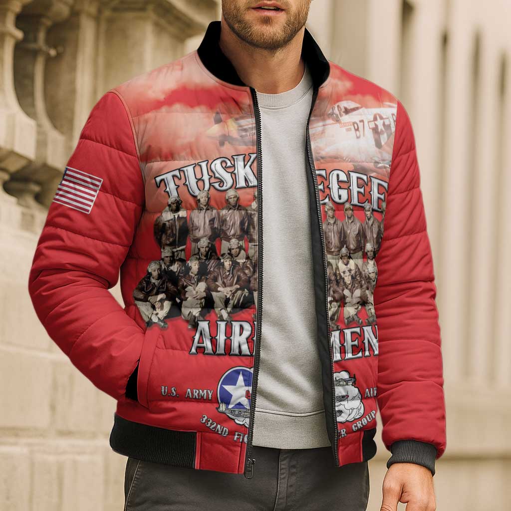 Remembering Tuskegee Airmen Bomber Puffer Jacket Heroes of the 332nd Squadron Red Art - Wonder Print Shop