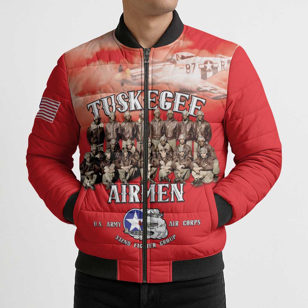Remembering Tuskegee Airmen Bomber Puffer Jacket Heroes of the 332nd Squadron Red Art - Wonder Print Shop