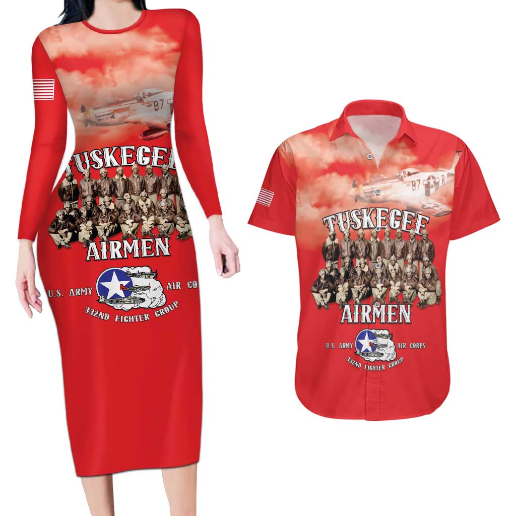 Remembering Tuskegee Airmen Couples Matching Long Sleeve Bodycon Dress and Hawaiian Shirt Heroes of the 332nd Squadron Red Art - Wonder Print Shop