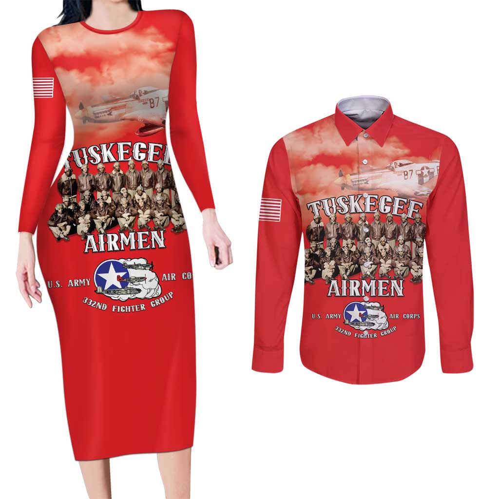 Remembering Tuskegee Airmen Couples Matching Long Sleeve Bodycon Dress and Long Sleeve Button Shirt Heroes of the 332nd Squadron Red Art - Wonder Print Shop