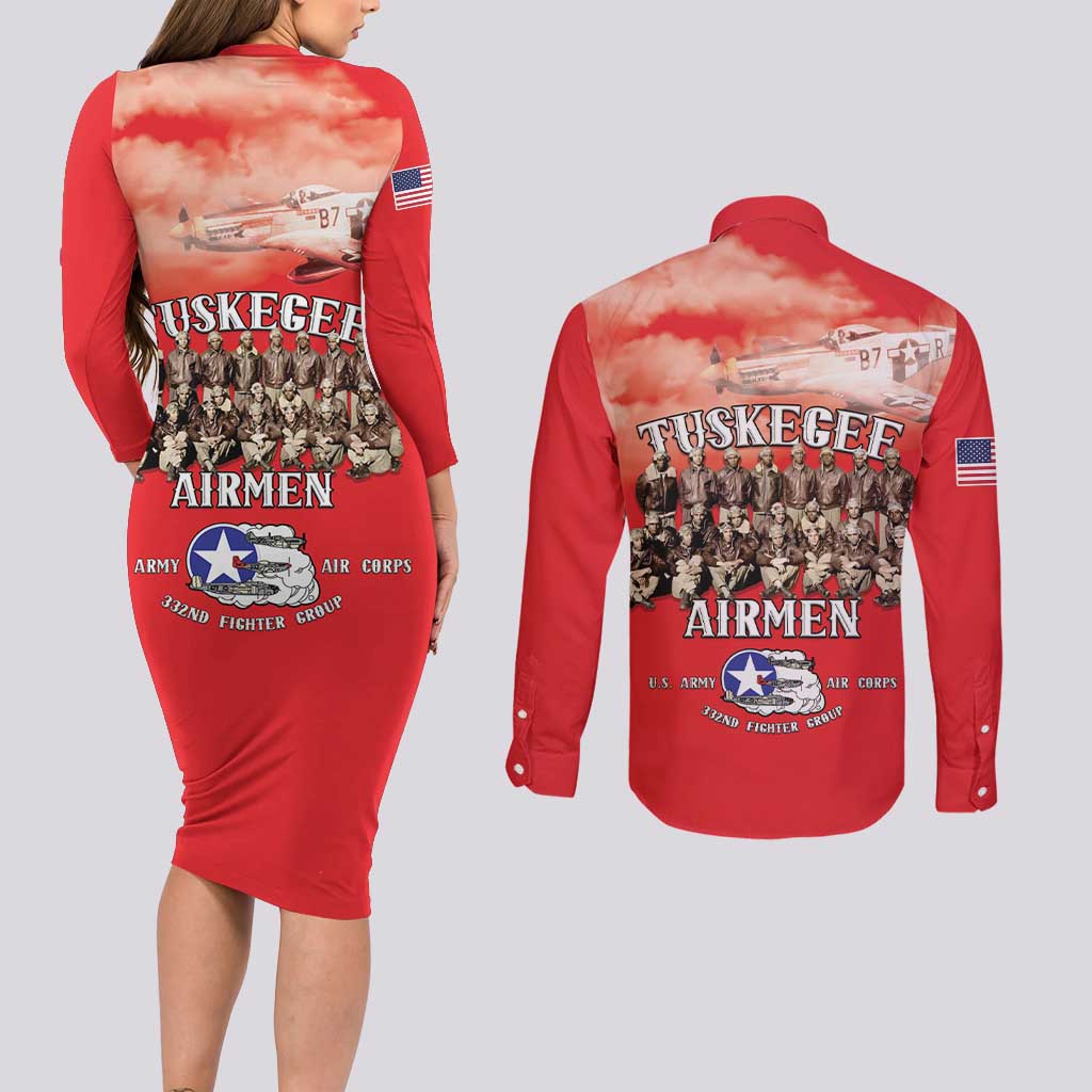Remembering Tuskegee Airmen Couples Matching Long Sleeve Bodycon Dress and Long Sleeve Button Shirt Heroes of the 332nd Squadron Red Art - Wonder Print Shop