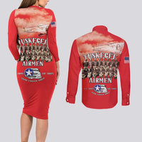 Remembering Tuskegee Airmen Couples Matching Long Sleeve Bodycon Dress and Long Sleeve Button Shirt Heroes of the 332nd Squadron Red Art - Wonder Print Shop
