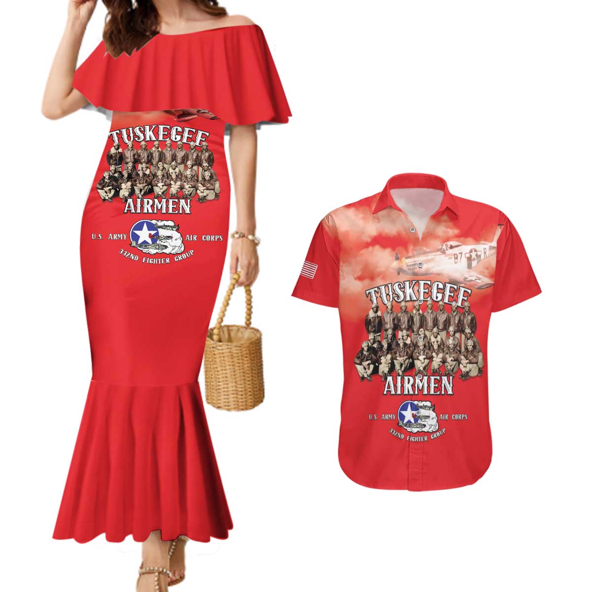 Remembering Tuskegee Airmen Couples Matching Mermaid Dress and Hawaiian Shirt Heroes of the 332nd Squadron Red Art - Wonder Print Shop
