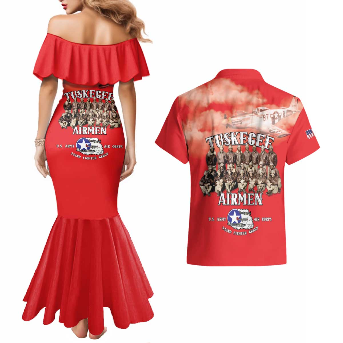Remembering Tuskegee Airmen Couples Matching Mermaid Dress and Hawaiian Shirt Heroes of the 332nd Squadron Red Art - Wonder Print Shop