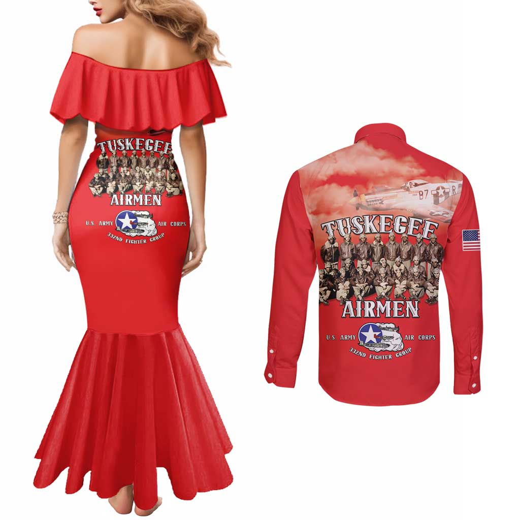 Remembering Tuskegee Airmen Couples Matching Mermaid Dress and Long Sleeve Button Shirt Heroes of the 332nd Squadron Red Art - Wonder Print Shop
