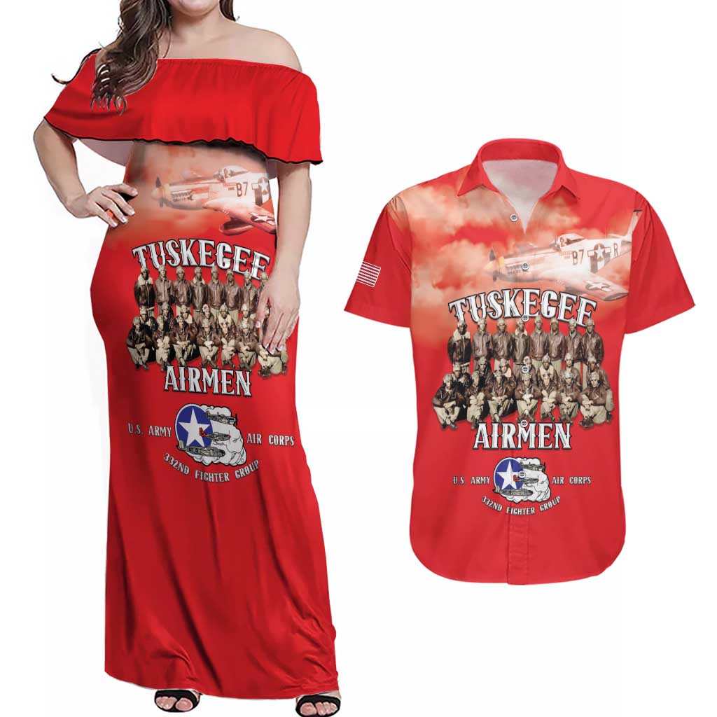 Remembering Tuskegee Airmen Couples Matching Off Shoulder Maxi Dress and Hawaiian Shirt Heroes of the 332nd Squadron Red Art - Wonder Print Shop