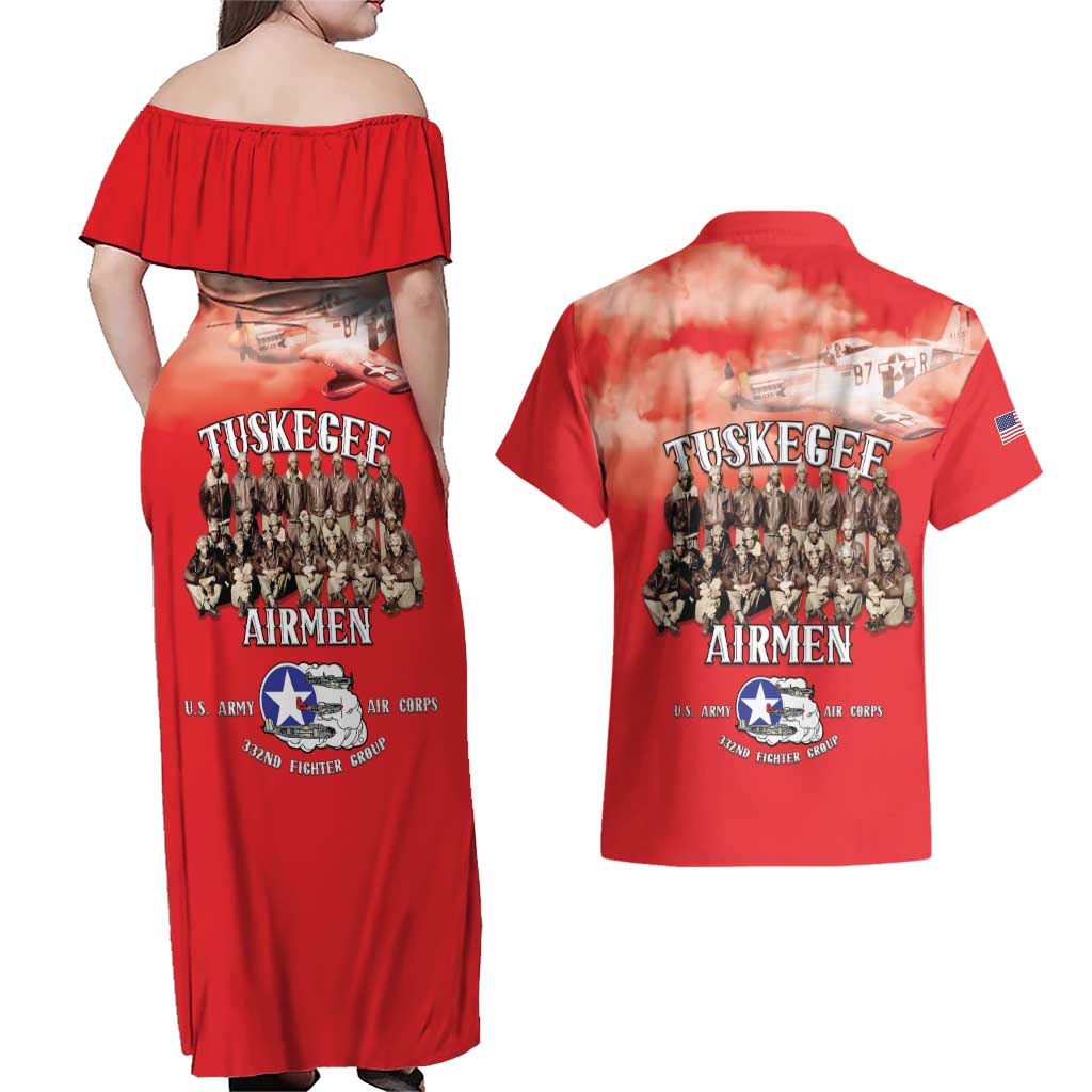 Remembering Tuskegee Airmen Couples Matching Off Shoulder Maxi Dress and Hawaiian Shirt Heroes of the 332nd Squadron Red Art - Wonder Print Shop