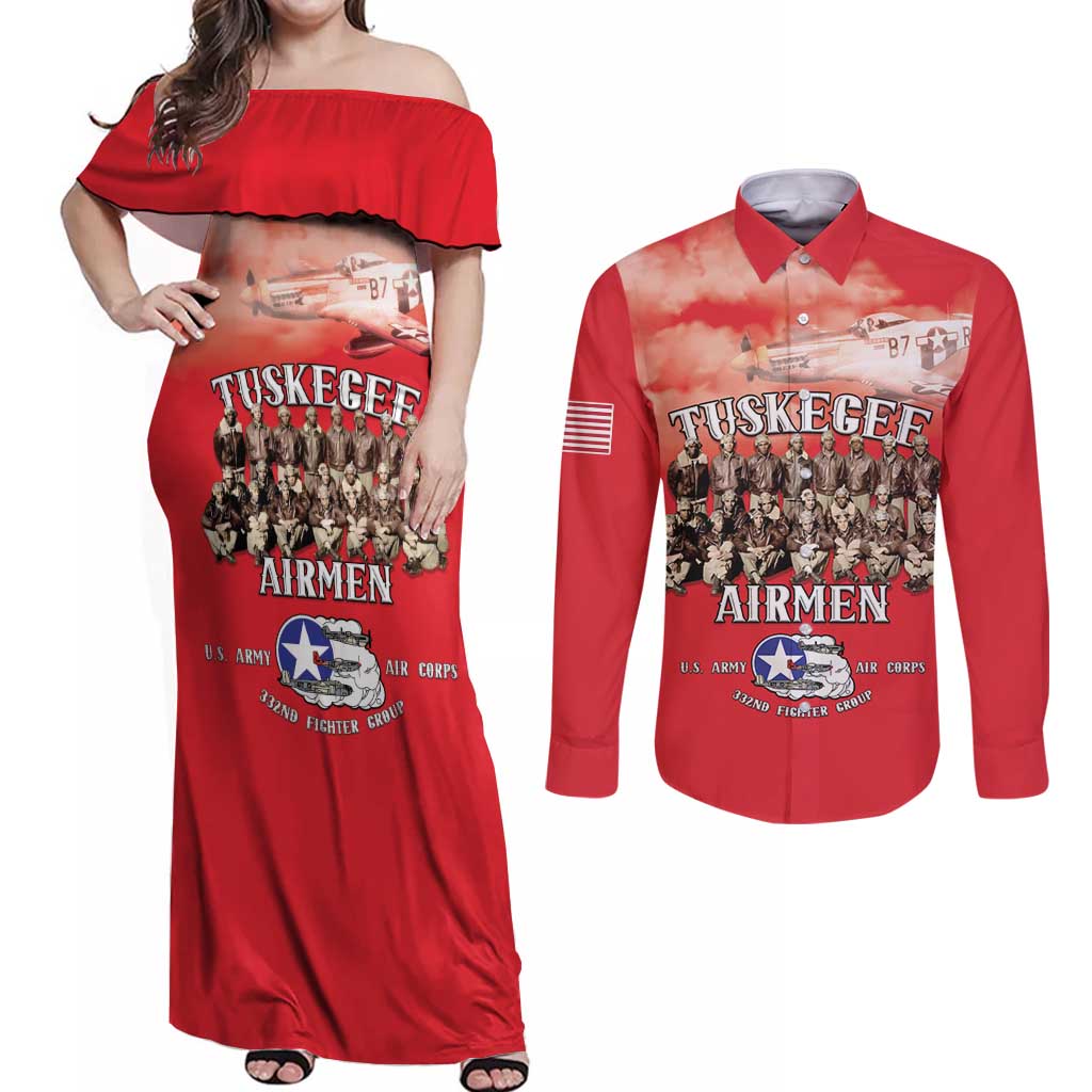 Remembering Tuskegee Airmen Couples Matching Off Shoulder Maxi Dress and Long Sleeve Button Shirt Heroes of the 332nd Squadron Red Art - Wonder Print Shop