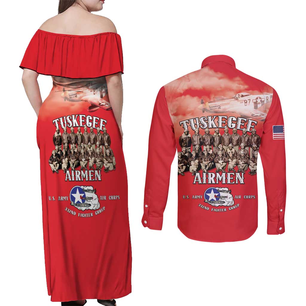 Remembering Tuskegee Airmen Couples Matching Off Shoulder Maxi Dress and Long Sleeve Button Shirt Heroes of the 332nd Squadron Red Art - Wonder Print Shop