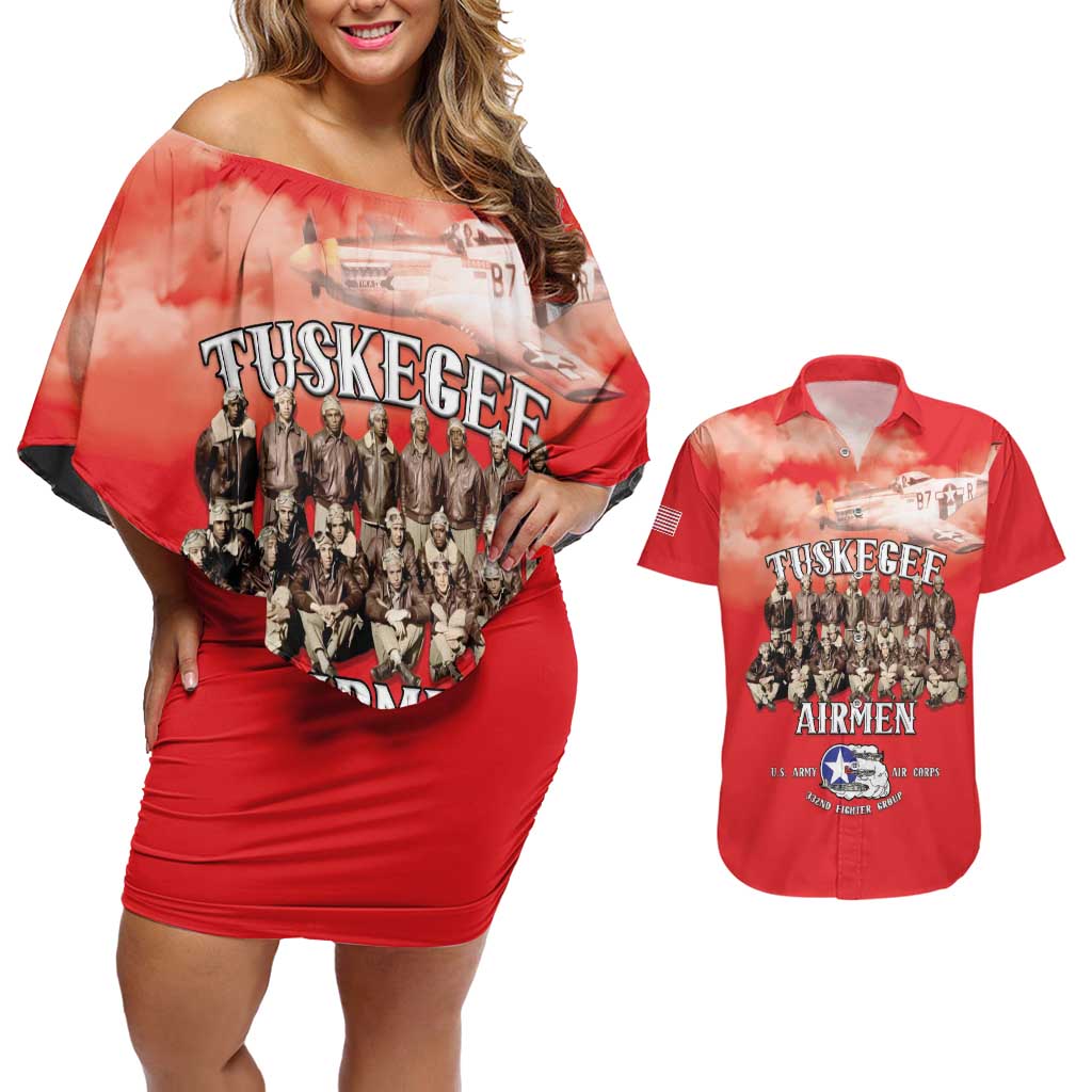 Remembering Tuskegee Airmen Couples Matching Off Shoulder Short Dress and Hawaiian Shirt Heroes of the 332nd Squadron Red Art - Wonder Print Shop